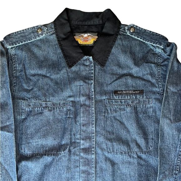 Harley Davidson Motorcycles Vintage Y2K Denim Button Up - Picture 3 of 9